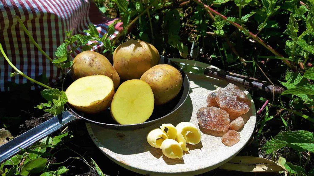 Frische Kartoffeln und Zutaten auf einem Holzbrett im Garten für Folienkartoffeln.